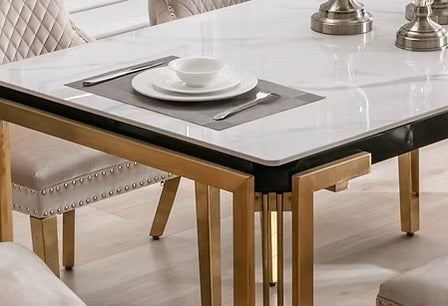 Lumetra 7-Piece Dining Set – Ceramic Marble Table with Creme Velvet Gold Accent Chairs