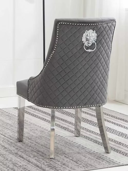 Zenvoro 2-Piece Luxury Grey Velvet Dining Chair Set with Chrome Lion Knocker, Diamond Quilted Back & Polished Chrome Finish