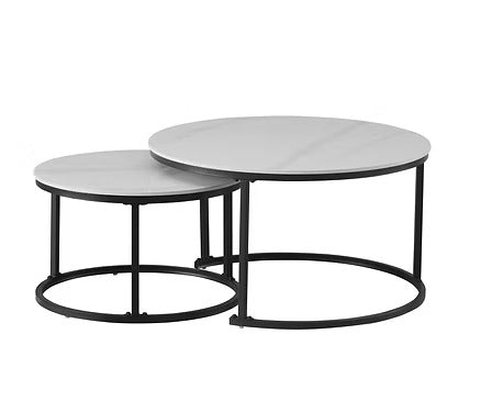 Alvireo Set of 2 Coffee Tables – Modern Sintered Stone Snowy White Marble Top with Black Steel Base