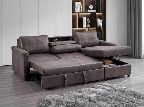 Velnexo Sofa Bed Sectional – Right Hand Facing Chaise Convertible Sleeper with Lift Up Storage, Cup Holders, Charging Station