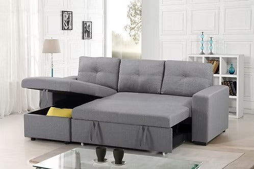 Ivoryn Convertible Sofa Bed Sectional – Reversible Chaise Sleeper Sofa with Lift-Up Storage Compartment and Soft Grey Fabric Upholstery