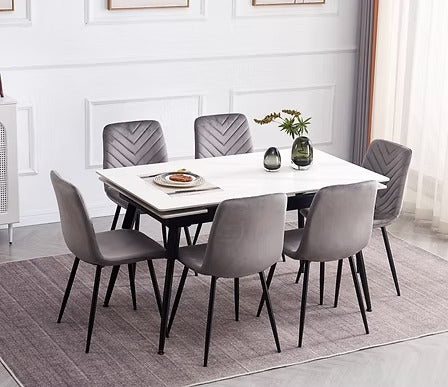 Calvona 7-Piece Dinette Set – Sintered Stone White Marble Extension Table with Black Steel Legs & Soft Grey Velvet Chairs