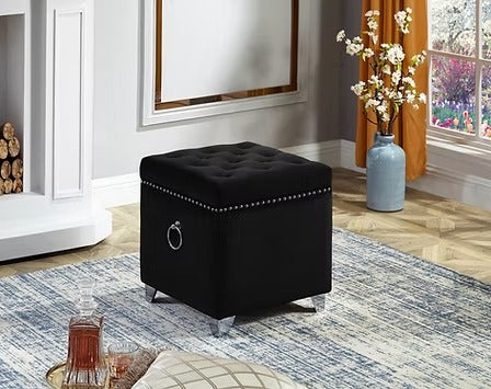 Zyrelvo Velvet Storage Ottoman – Black Deep Tufted Ottoman with Chrome Ring, Nailhead Detail and Chrome Legs