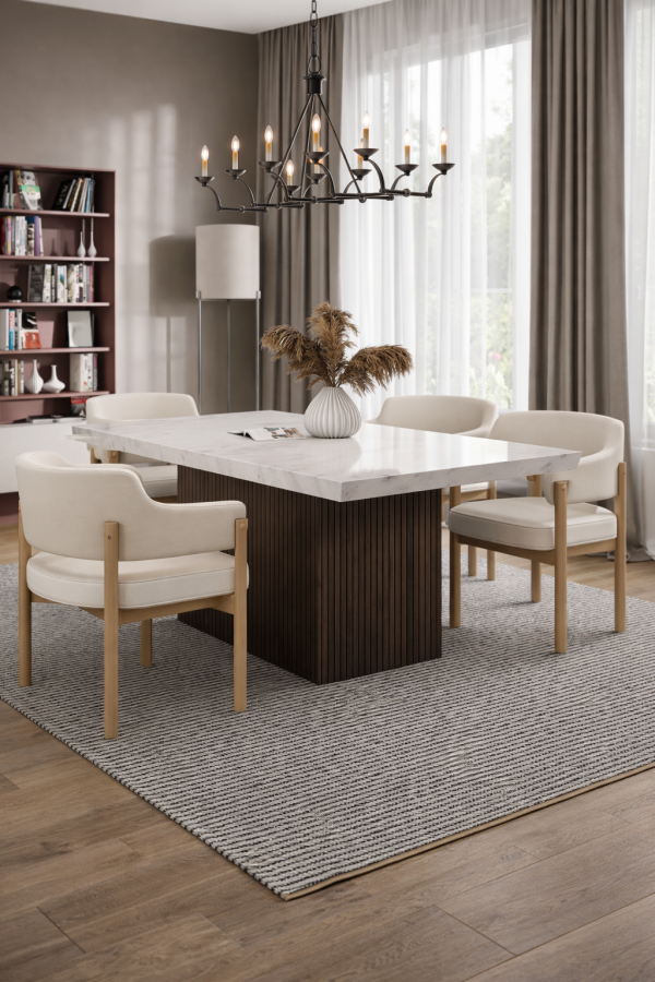 Cedarwood Modern Dining Table – Fluted Mango Wood Base & Marble Top Luxury Style