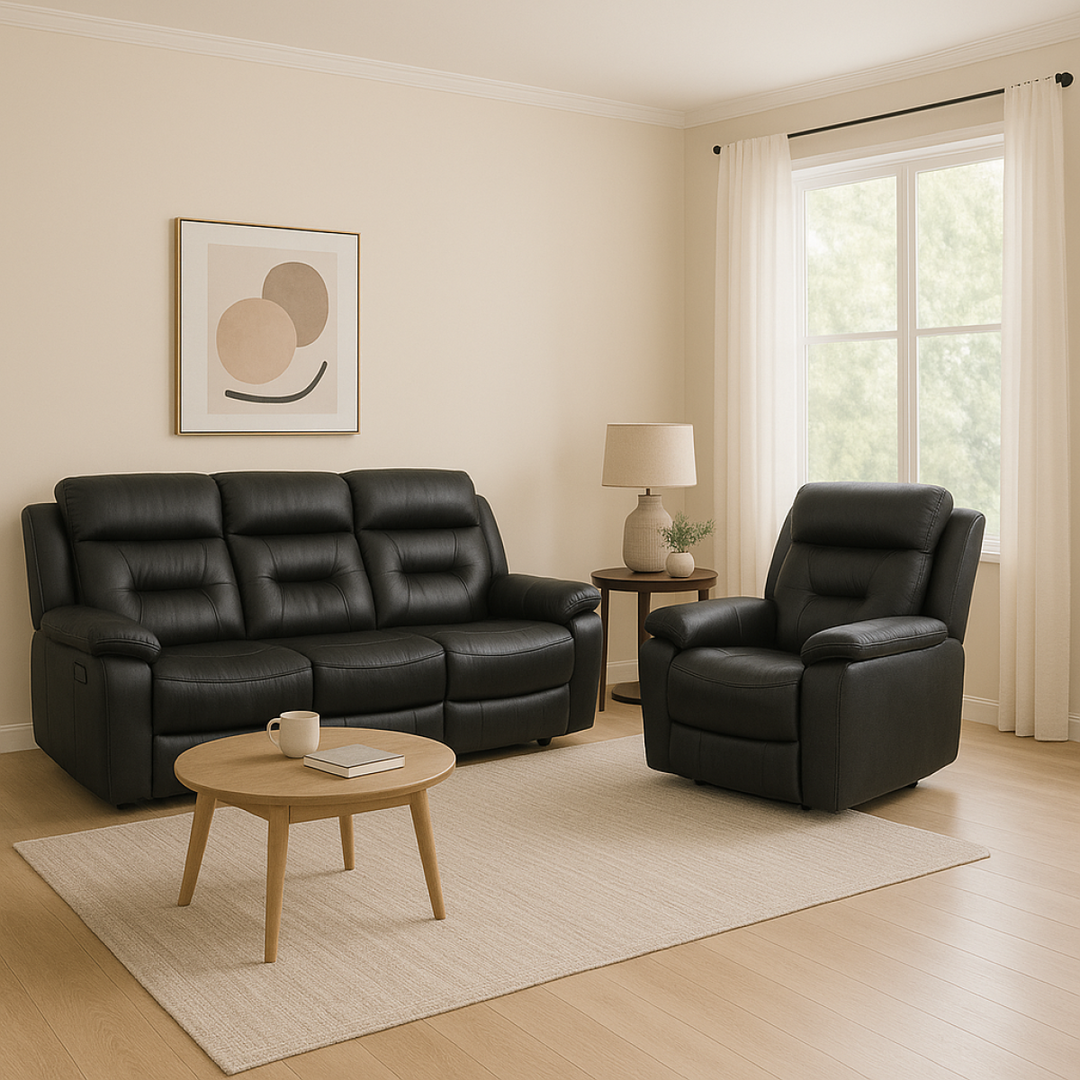 Rivaro Leather Upholstered Recliner Sofa - Midnight Black | Luxury, Comfortable, Stylish & Durable