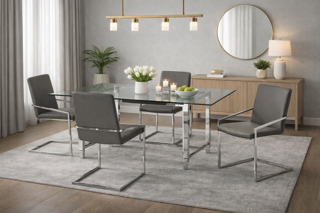 Arvona Luxury Dining Set – 5-Piece Glass Table with Modern Padded Chairs