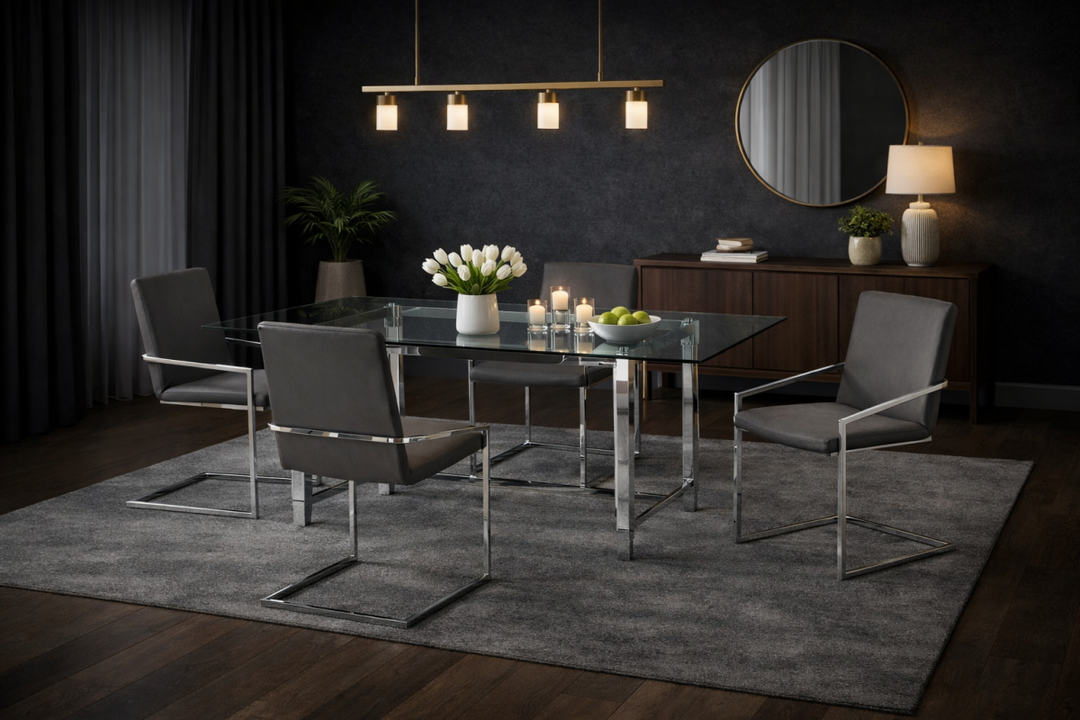 Arvona Luxury Dining Set – 5-Piece Glass Table with Modern Padded Chairs