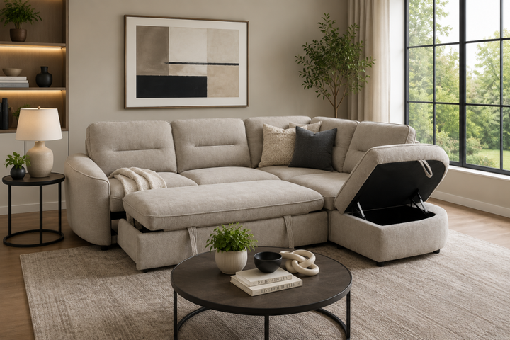 Elmstead Sectional Sleeper Sofa Bed with Pull-Out Bed, Hidden Storage and Premium Velvet Upholstery