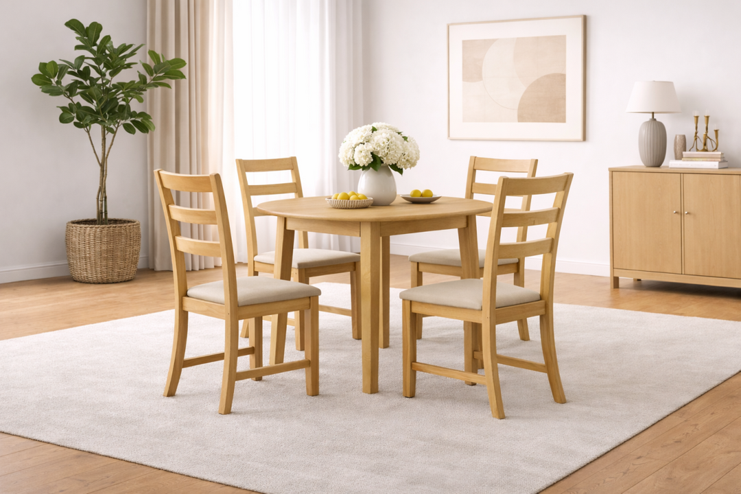 Thalorin 5-Piece Wooden Drop-Leaf Dining Set – Round Solid Rubberwood Table with 4 Ladder-Back Chairs | Oak Finish Space-Saving Dining Set