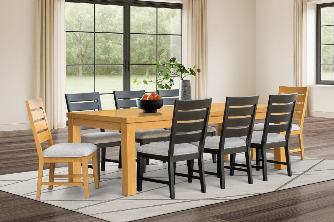 Solviano 9-Piece Luxury Oak & Black Extension Dining Table Set with 8 Upholstered Memory Foam Chairs