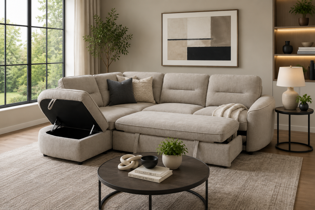 Elmstead Sectional Sleeper Sofa Bed with Pull-Out Bed, Hidden Storage and Premium Velvet Upholstery