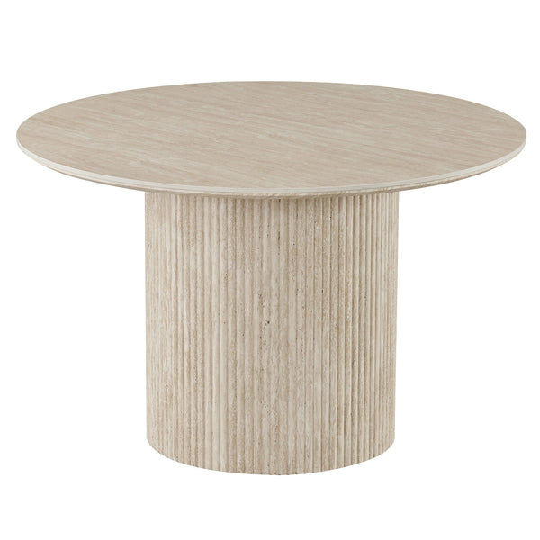 Elvaron Modern Round Pedestal Dining Table – 47.25" Sintered Stone Travertine Top with Fluted Stone-Look Base, Engineered Wood Structure and Scratch & Heat Resistant Finish