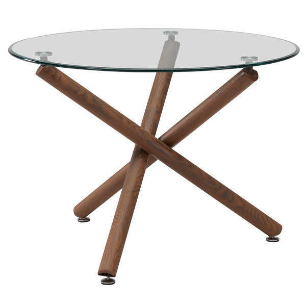 Calvion Contemporary Round Dining Table – 40" Clear Tempered Glass Top with Walnut Finish Metal Crossover Base, Brushed Stainless Steel Accent and Modern Design Dining Table