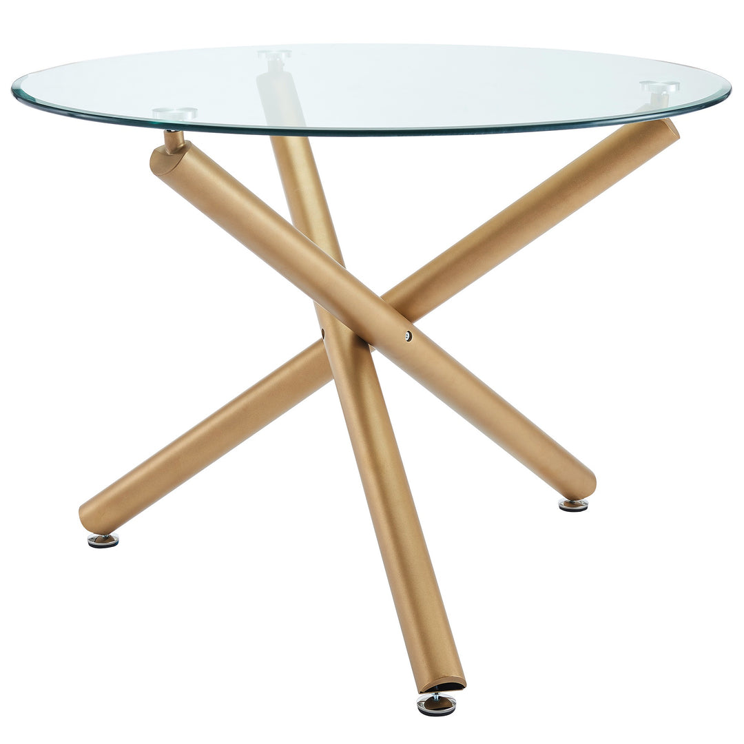 Bravion Contemporary Round Dining Table – 40" Clear Tempered Glass Top with Brushed Stainless Steel Accent, Aged Gold Crossover Metal Base and Modern Design Dining Table