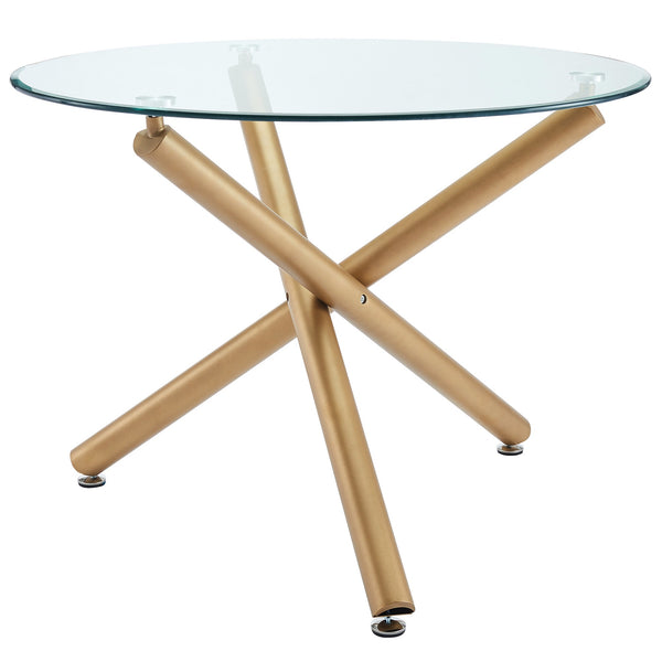 Bravion Contemporary Round Dining Table – 40" Clear Tempered Glass Top with Brushed Stainless Steel Accent, Aged Gold Crossover Metal Base and Modern Design Dining Table