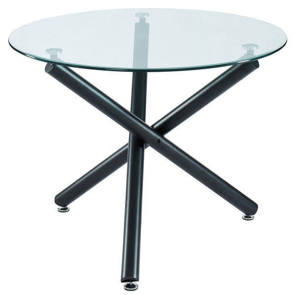 Sorran Contemporary Round Dining Table – Clear Tempered Glass Top with Brushed Stainless Steel Accent, Matte Black Crossover Metal Base and Modern Design Dining Table