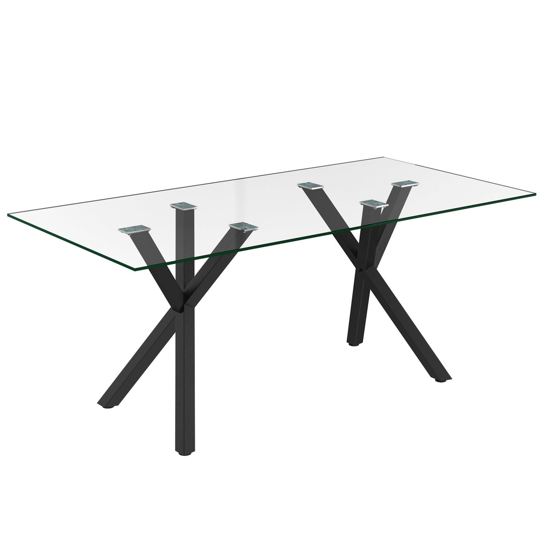 Eldora Contemporary Glass Dining Table – Rectangular Tempered Glass Top with Matte Black Metal Legs, Brushed Stainless Steel Holders and Geometric Modern Design Dining Table