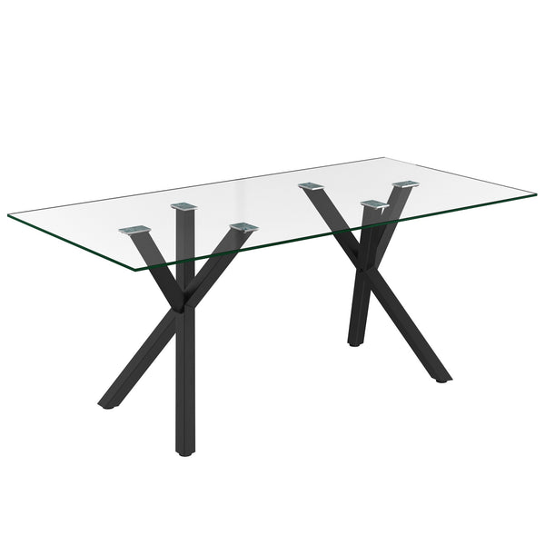 Eldora Contemporary Glass Dining Table – Rectangular Tempered Glass Top with Matte Black Metal Legs, Brushed Stainless Steel Holders and Geometric Modern Design Dining Table