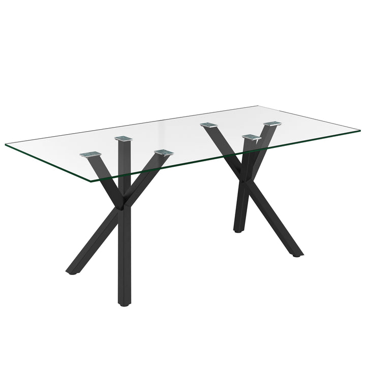 Eldora Contemporary Glass Dining Table – Rectangular Tempered Glass Top with Matte Black Metal Legs, Brushed Stainless Steel Holders and Geometric Modern Design Dining Table