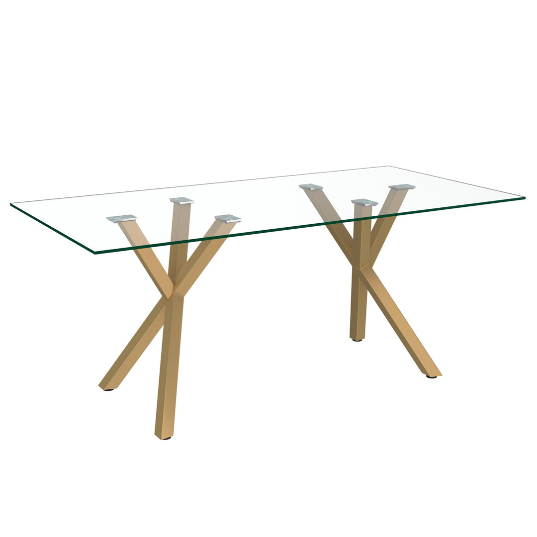 Ravello Contemporary Glass Dining Table – Rectangular Tempered Glass Top with Aged Gold Metal Legs, Brushed Stainless Steel Holders and Geometric Modern Design Dining Table