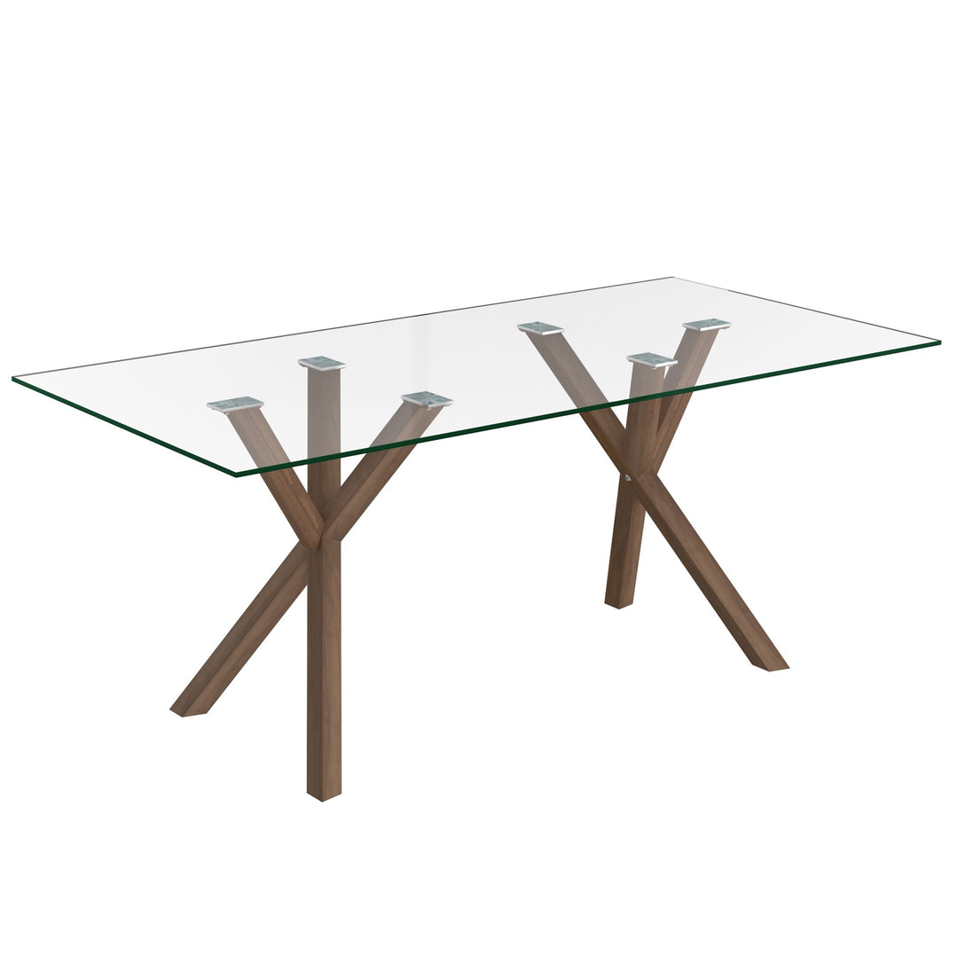 Aeris Contemporary Glass Dining Table – Rectangular Tempered Glass Top with Walnut Finish Metal Legs, Brushed Stainless Steel Holders and Geometric Modern Design Dining Table