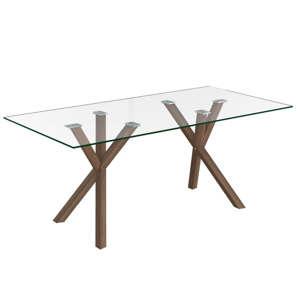 Aeris Contemporary Glass Dining Table – Rectangular Tempered Glass Top with Walnut Finish Metal Legs, Brushed Stainless Steel Holders and Geometric Modern Design Dining Table