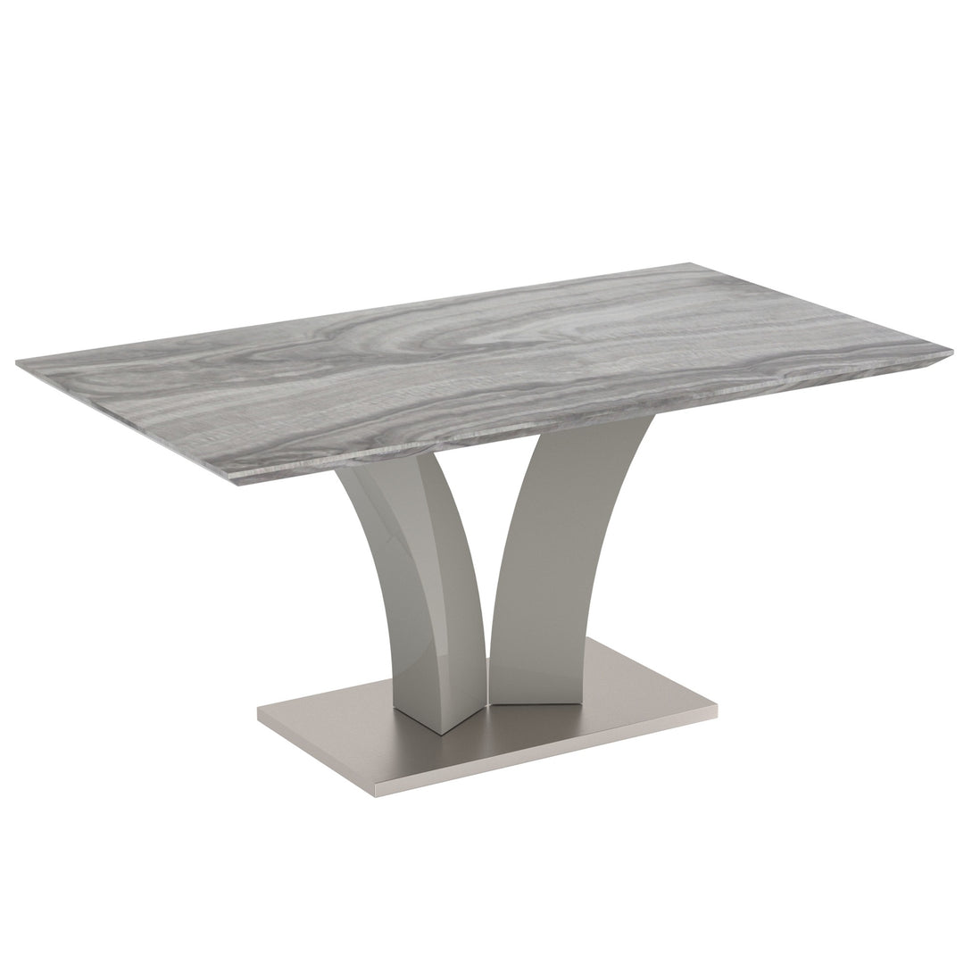 Casavon Modern Dining Table – Rectangular Faux Marble Laminated Veneer Top with Geometric Grey Posts and Stainless Steel Wrapped Engineered Wood Base Dining Table