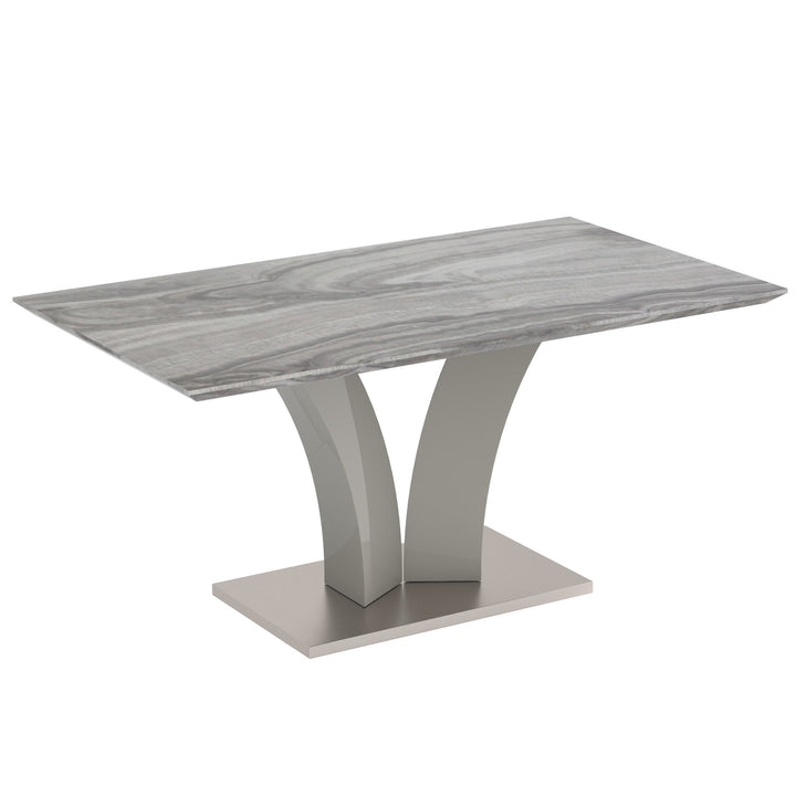 Casavon Modern Dining Table – Rectangular Faux Marble Laminated Veneer Top with Geometric Grey Posts and Stainless Steel Wrapped Engineered Wood Base Dining Table