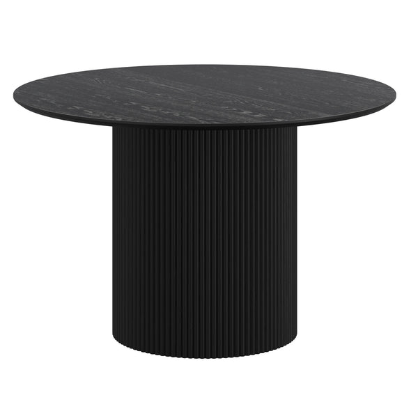 Vensaro Mid-Century Modern Round Dining Table – Engineered Wood Oak Veneer Top with Wide Reeded Pedestal Base and Reverse Bevel Wood Grain Finish Dining Table