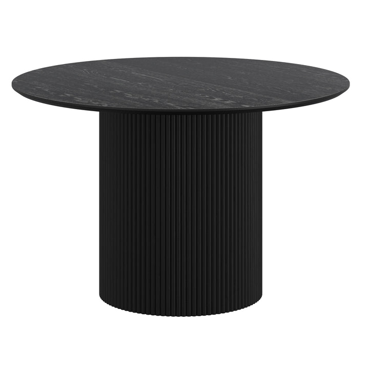 Vensaro Mid-Century Modern Round Dining Table – Engineered Wood Oak Veneer Top with Wide Reeded Pedestal Base and Reverse Bevel Wood Grain Finish Dining Table
