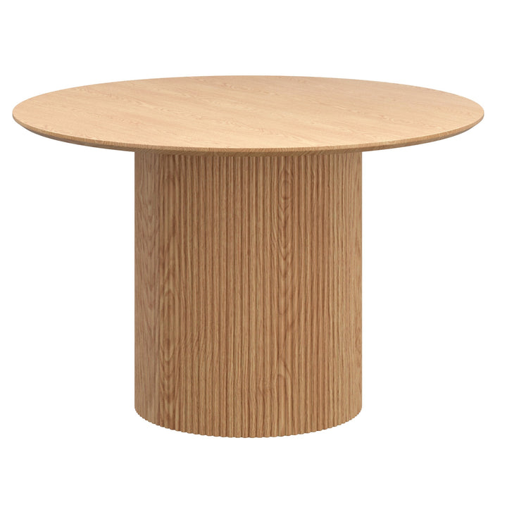 Velmora Mid-Century Modern Round Dining Table – Engineered Wood Oak Veneer Top with Reeded Pedestal Base and Reverse Bevel Wood Grain Finish Dining Table