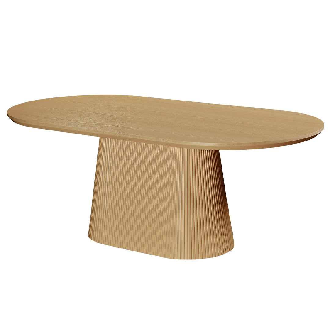 Bravion Mid-Century Modern Oval Dining Table – Engineered Wood Oak Veneer Top with Wide Reeded Pedestal Base and Reverse Bevel Wood Grain Finish Dining Table