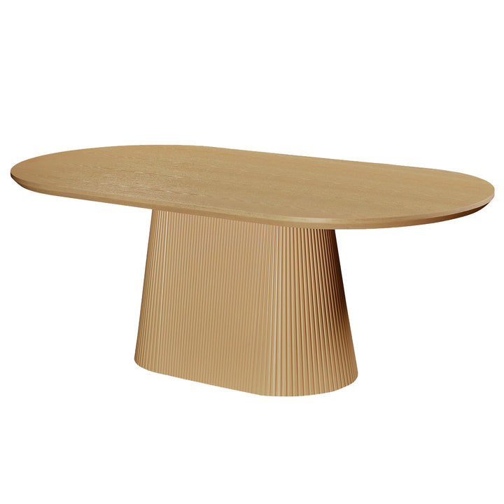 Bravion Mid-Century Modern Oval Dining Table – Engineered Wood Oak Veneer Top with Wide Reeded Pedestal Base and Reverse Bevel Wood Grain Finish Dining Table