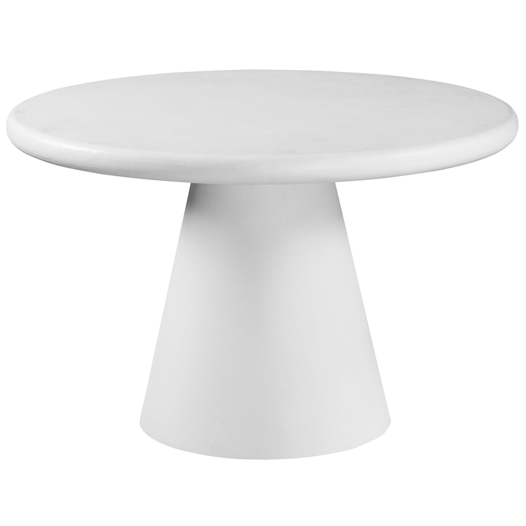 Kenvor Contemporary Round Dining Table – White Cement Finish Table with Thick Rounded Edge Top and Cone Pedestal Base Modern Dining Table