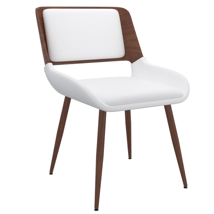 Modena Mid-Century Modern Dining/Lounge Chair, White Faux Leather Upholstery with Walnut Finish