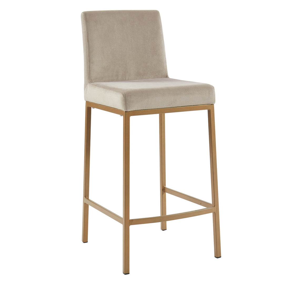 Valtressa Counter Stool – Set of 2, 26" Velvet Upholstered Stools with Fixed Seat and Matte Aged Gold Metal Base