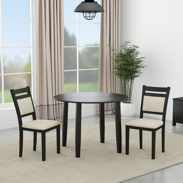 Avenshire Compact 3-Piece Dining Set – Space-Saving Round Drop-Leaf Table with 2 Matching Chairs (Black Finish)