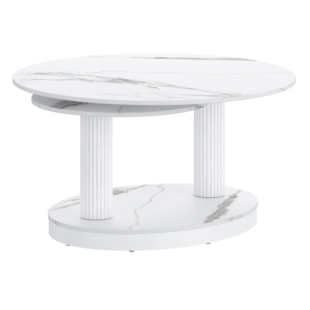 Trionex Contemporary Coffee Table – Extendable Sintered Stone Top with White Marble Finish & Reeded Steel Base
