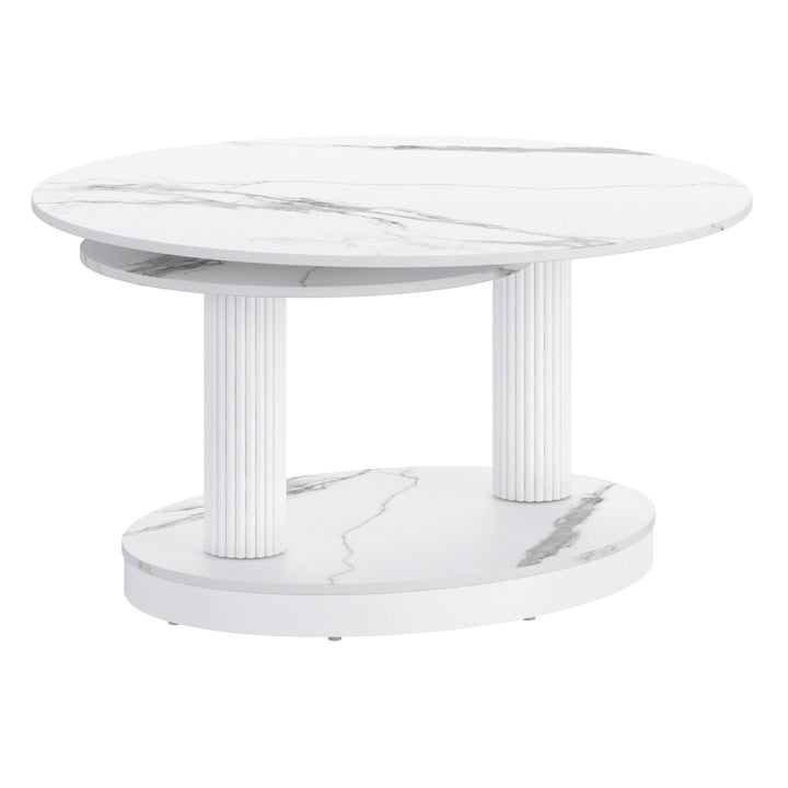 Trionex Contemporary Coffee Table – Extendable Sintered Stone Top with White Marble Finish & Reeded Steel Base