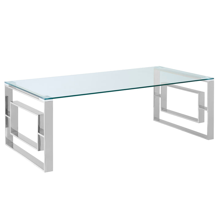 Virello Contemporary Coffee Table – 8mm Clear Tempered Glass Top with Geometric Lattice Stainless Steel Frame (Polished Silver Finish)