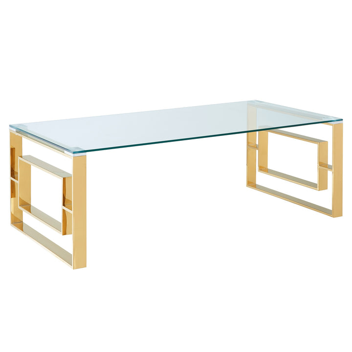 Velquro Contemporary Coffee Table – 8mm Clear Tempered Glass Top with Geometric Lattice Stainless Steel Frame (Polished Gold Finish)