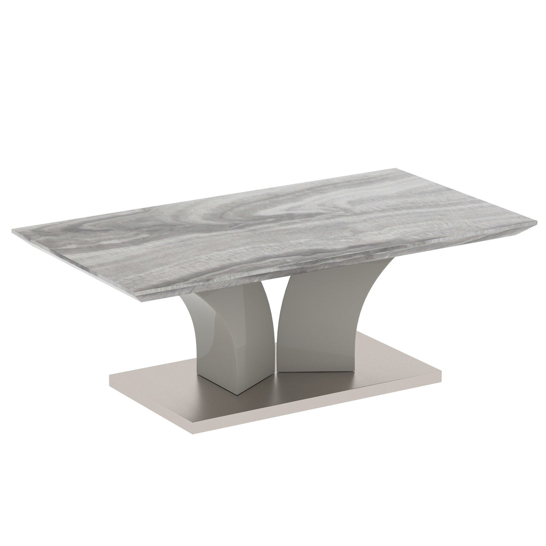 Omnira Modern Coffee Table – Reverse Bevel Faux Marble Top with Geometric Grey Posts & Stainless Steel Wrapped Base