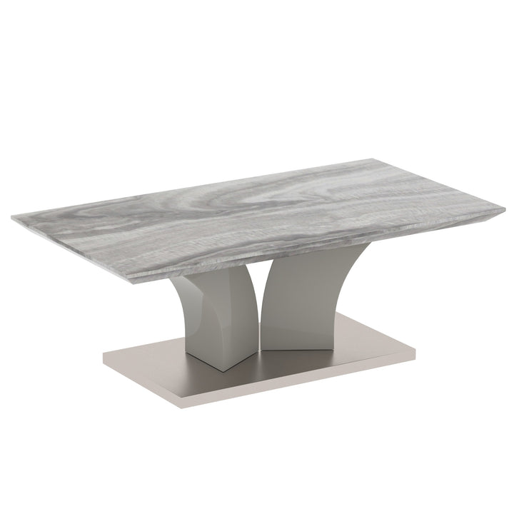 Omnira Modern Coffee Table – Reverse Bevel Faux Marble Top with Geometric Grey Posts & Stainless Steel Wrapped Base