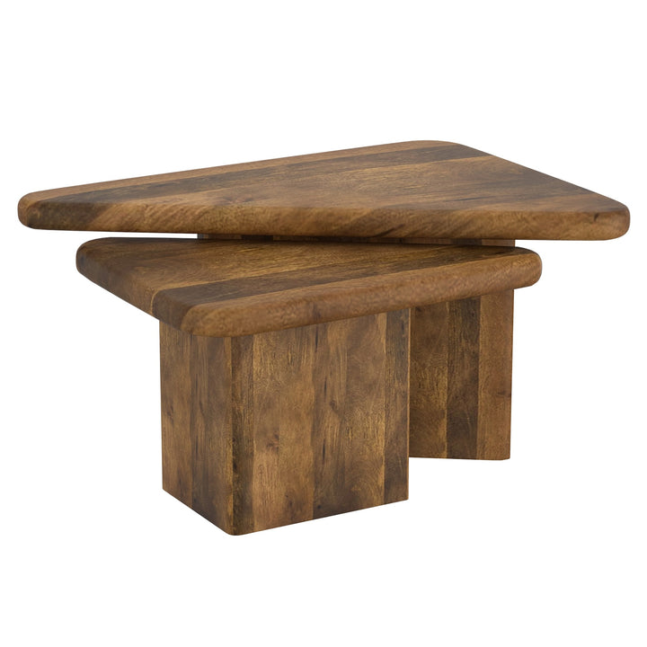 Calnex Mid-Century Modern Nesting Coffee Table Set – 2-Piece Solid Mango Wood Triangular Tables (Light Walnut Finish)