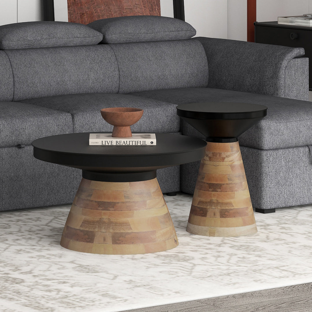 Dravon 2-Piece Round Coffee Table Set – Black Iron Top with Solid Mango Wood Base (Light Walnut Finish)