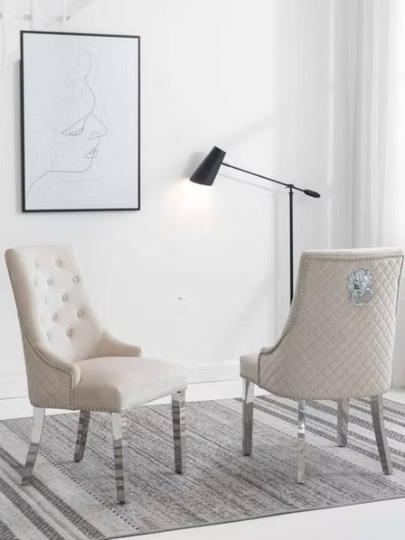 Zenvoro 2-Piece Luxury Dining Chair Set – Cream Velvet Chrome Lion Knocker Dining Chairs with Diamond Quilted Back, Button Tufted Front & Nailhead Details