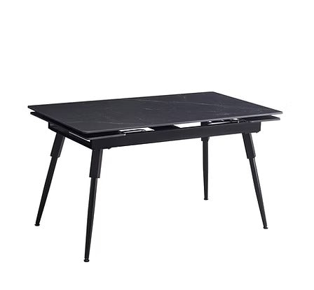 Calvona 7-Piece Dinette Set – Sintered Stone Black Marble Extension Table with Black Steel Legs & Soft Grey Velvet Chairs