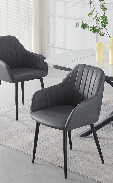 Zelviro 2-Piece Modern Accent Chair Set in Soft Grey PU with Vertical Channel Stitching, Integrated Armrests and Tapered Black Steel Legs