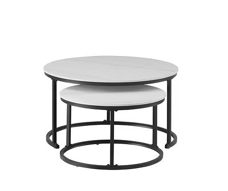 Alvireo Set of 2 Coffee Tables – Modern Sintered Stone Snowy White Marble Top with Black Steel Base