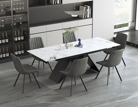 Zorvella 7-Piece Dinette Set – Sintered Stone Chanel Marble Extension Table with X-Shape Black Steel Base & Soft Grey PU Chairs